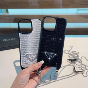 Prada-style full diamond sequin phone case with crossbody chain shoulder strap